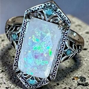 Ethereal Opal Statement Ring Iridescent Glow Vintage Style Silver